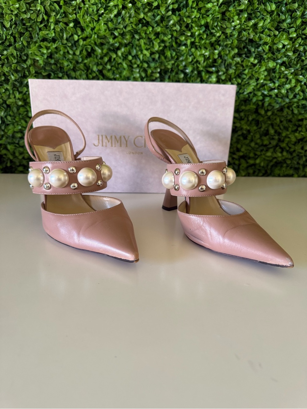 Jimmy Choo Blush Pink Pearl-Embellished Slingback Pumps - Picture 2 of 8